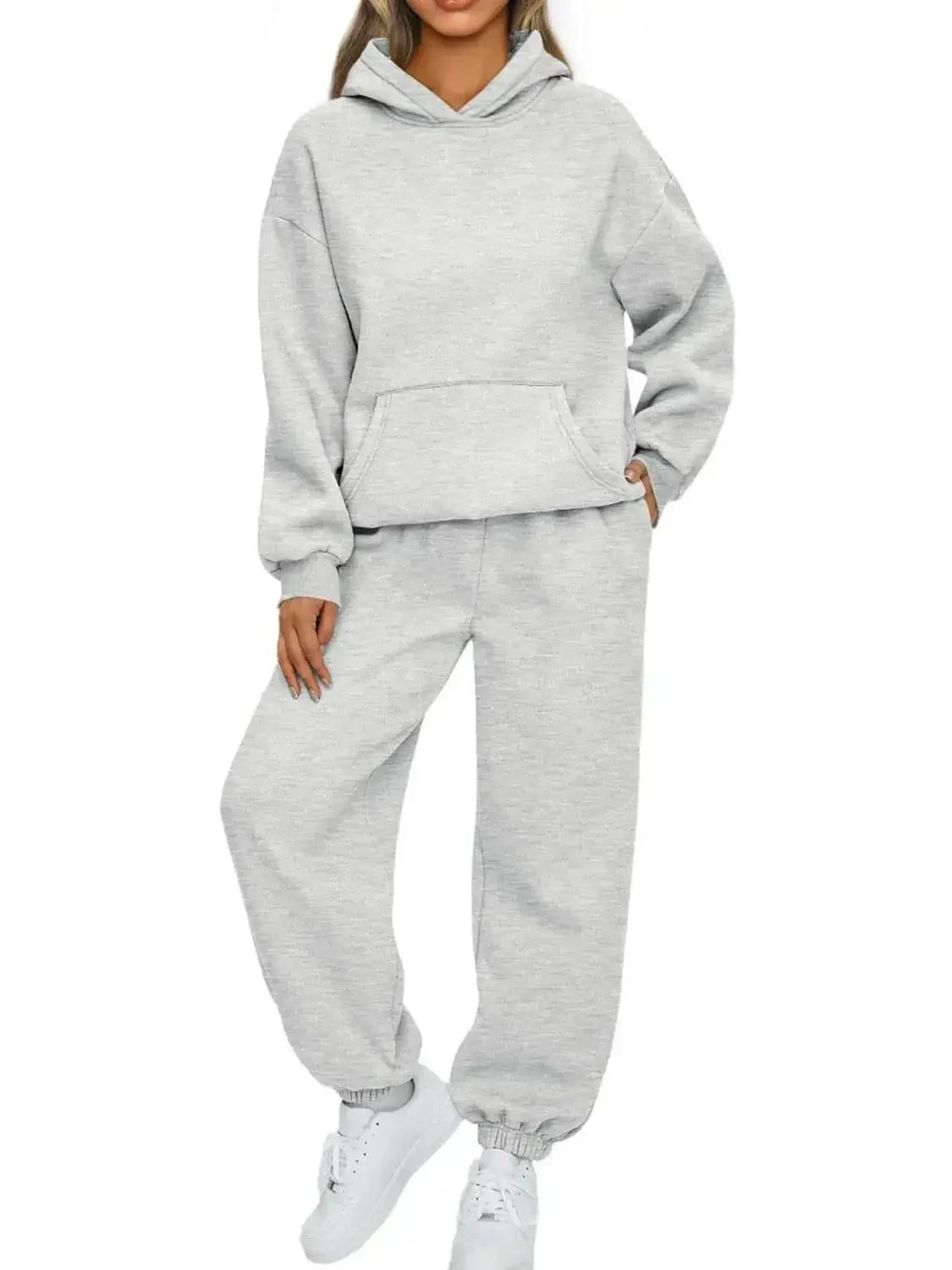 Plus size women's hoodie and jogger sweat set with kangaroo pocket, made by Plush Fashion Hub, shown in full-length view.