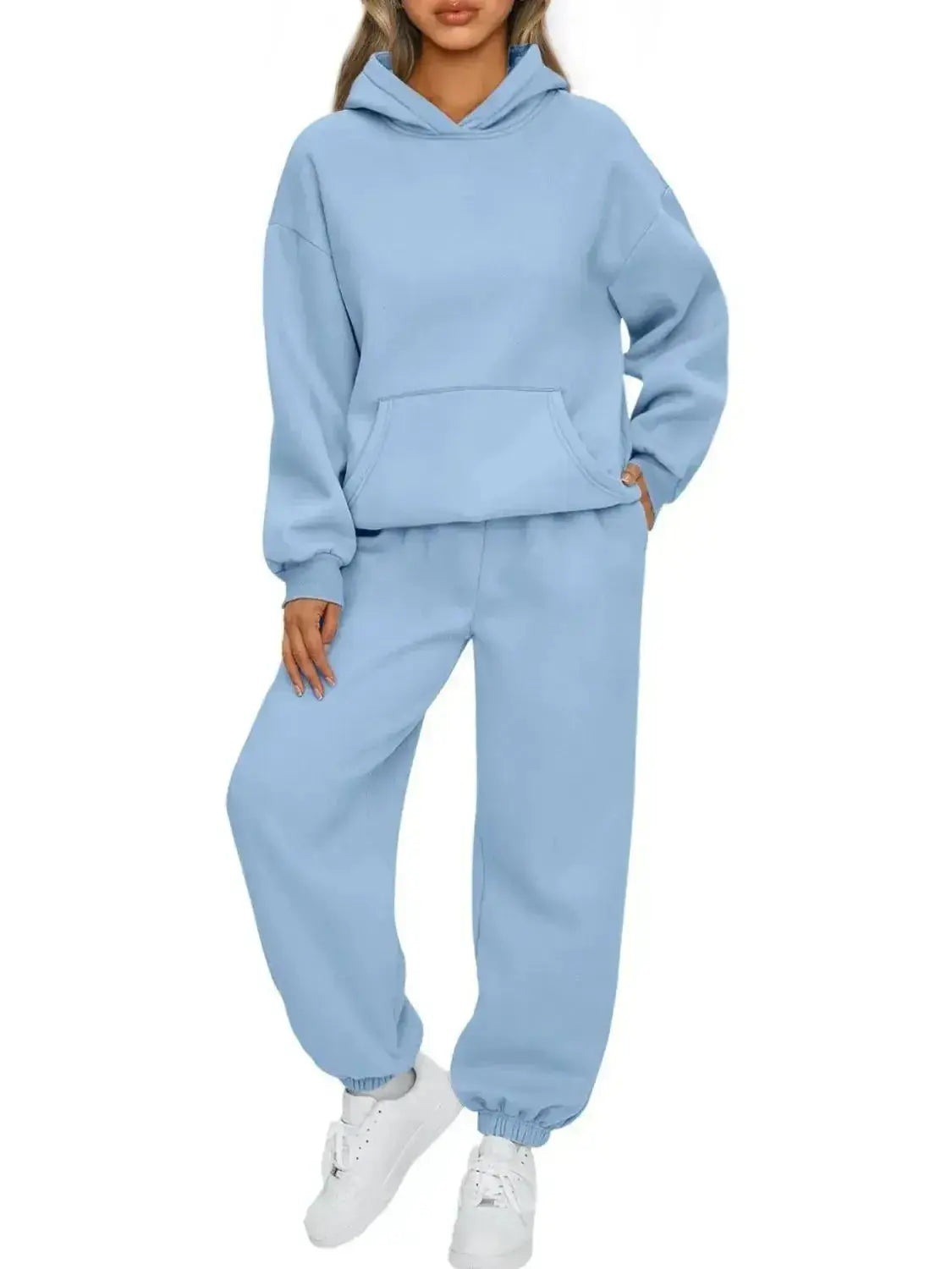 Plus size women’s hoodie and jogger sweat suit with kangaroo pocket, made by Plush Fashion Hub, shown on full display.