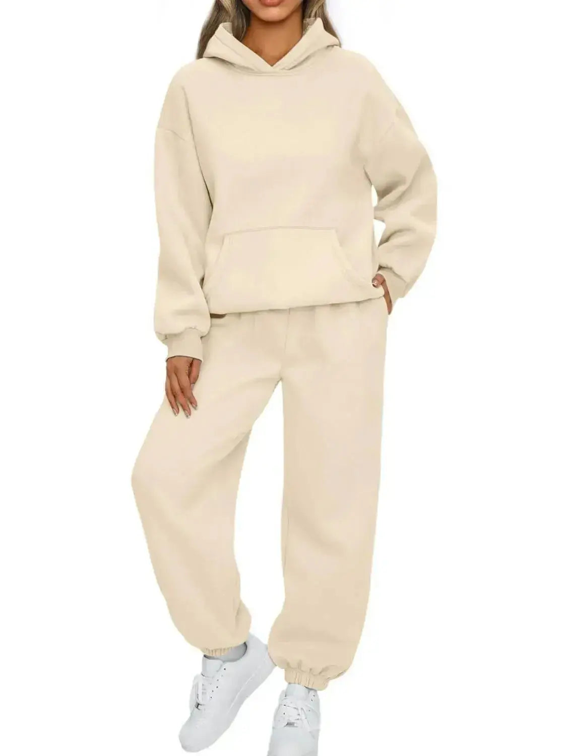 Plus size women's kangaroo pocket hoodie and jogger sweat set by Plush Fashion Hub, full-length view of cozy loungewear.