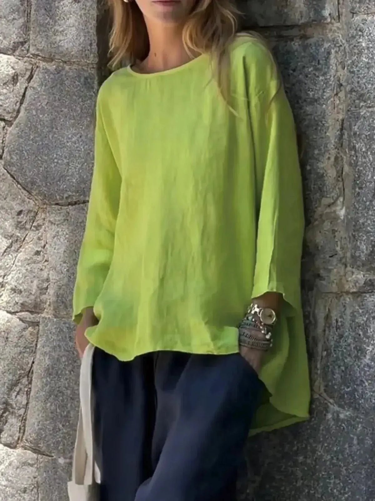 Women's relaxed fit round neck casual shirt by Plush Fashion Hub, soft stretch fabric, full-length view, plus size blouse.