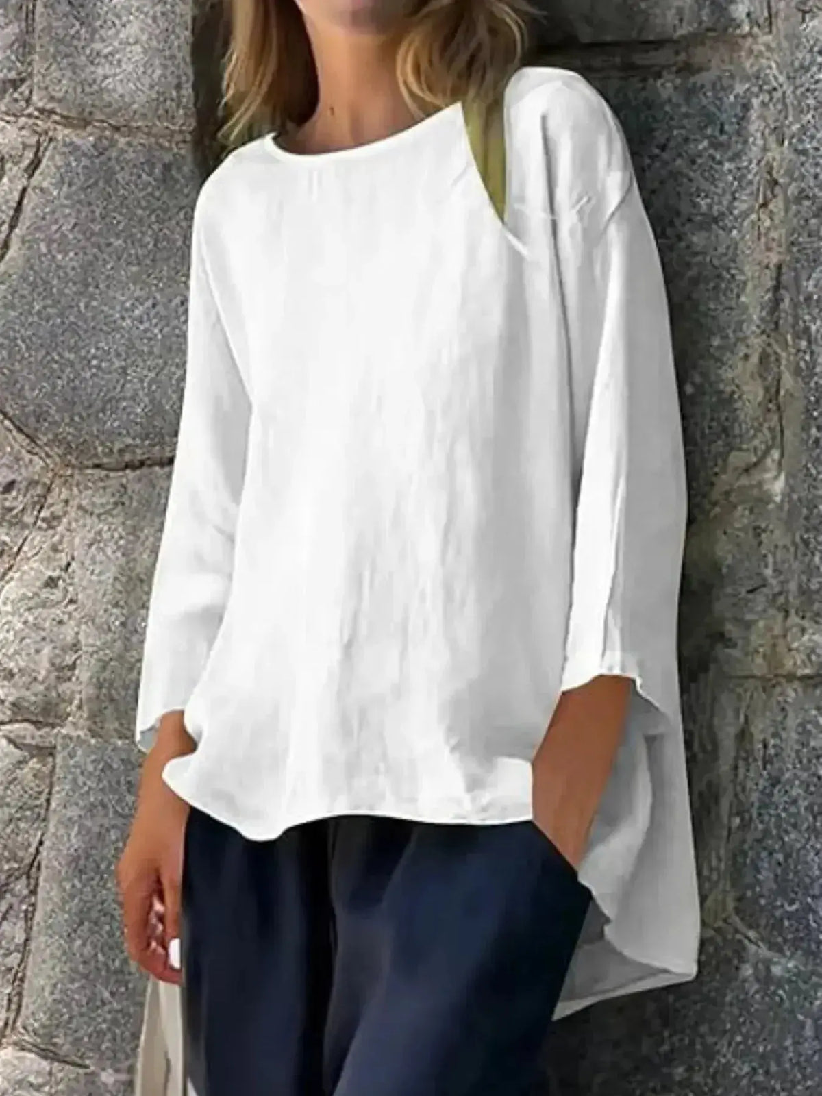 Women's relaxed fit round neck casual shirt by Plush Fashion Hub, soft stretch fabric, full-length view, plus size blouse