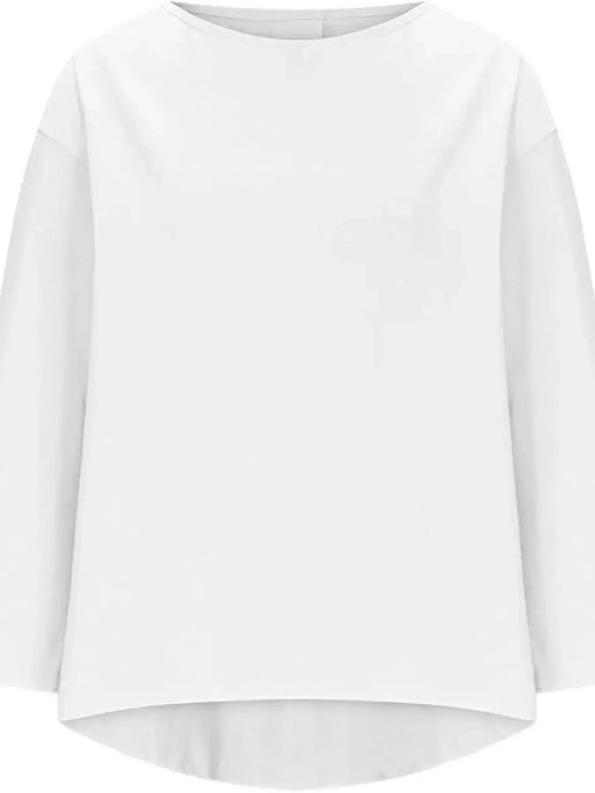Women's relaxed fit round neck casual shirt by Plush Fashion Hub, soft stretch fabric, full view of the plus-size blouse.