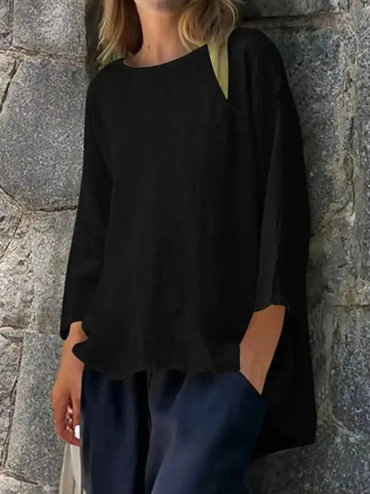 Women's relaxed fit round neck casual shirt by Plush Fashion Hub, soft stretch fabric, full view of the relaxed blouse.