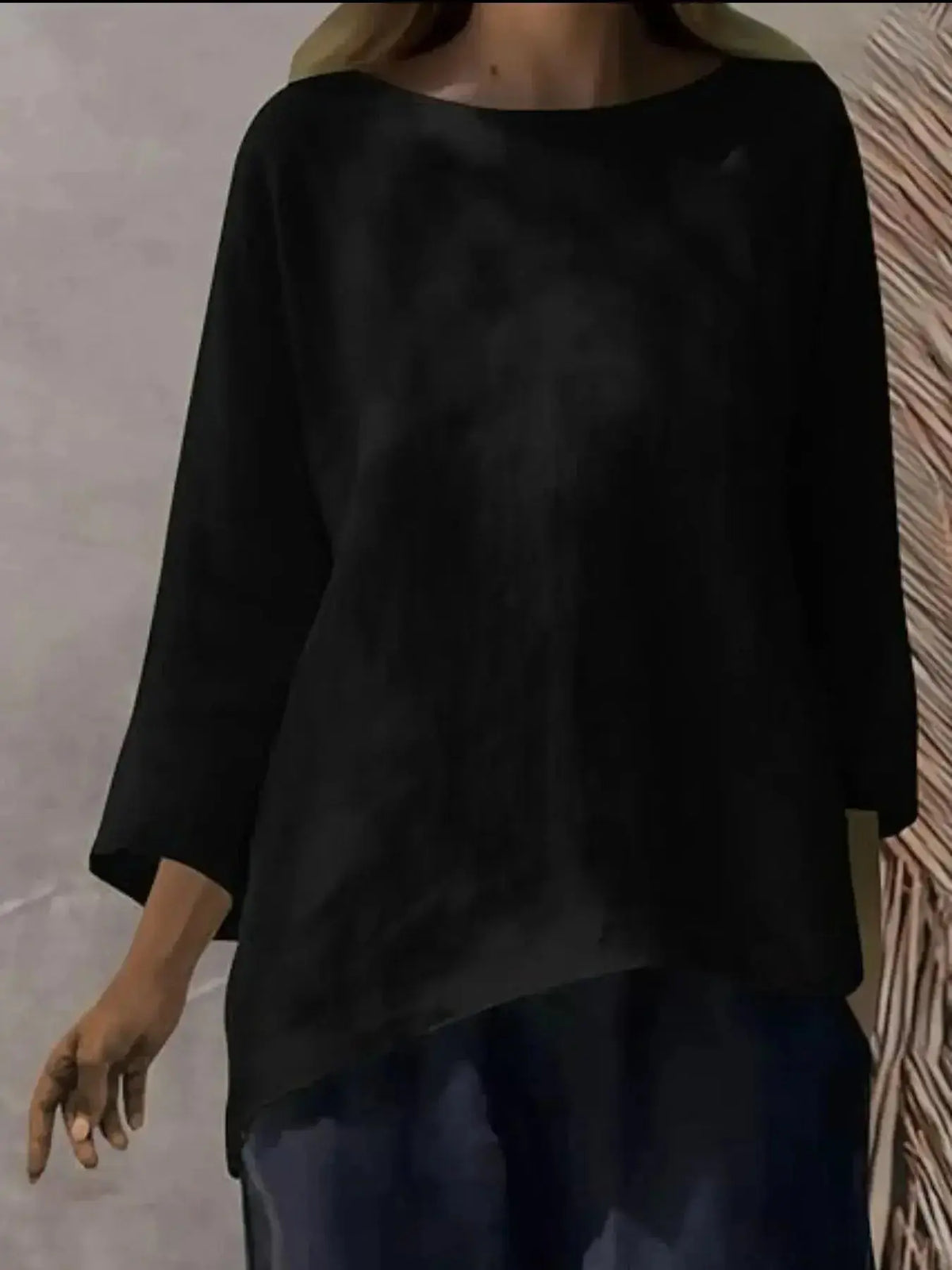 Soft stretch relaxed fit women's round neck casual shirt by Plush Fashion Hub, shown in a full-size, comfortable blouse style.