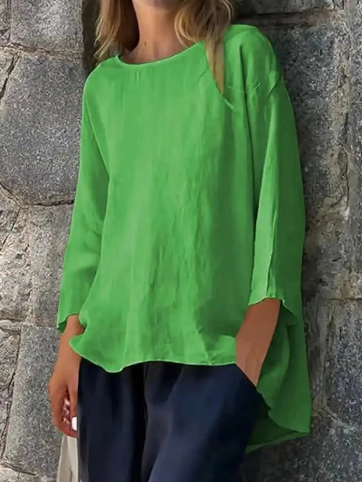Women's relaxed fit round neck casual shirt by Plush Fashion Hub, soft stretch fabric, full-length view, plus size blouse
