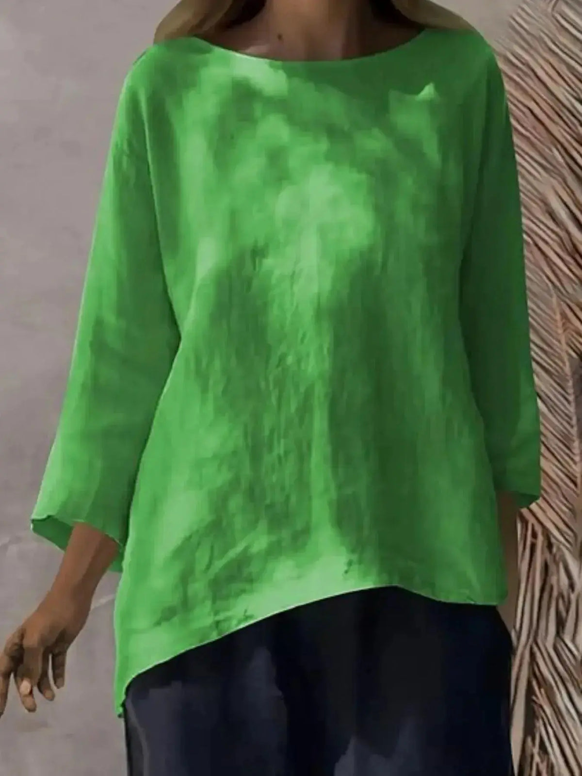 Women's relaxed fit round neck casual shirt by Plush Fashion Hub, soft stretch fabric, full view of the plus-size blouse.