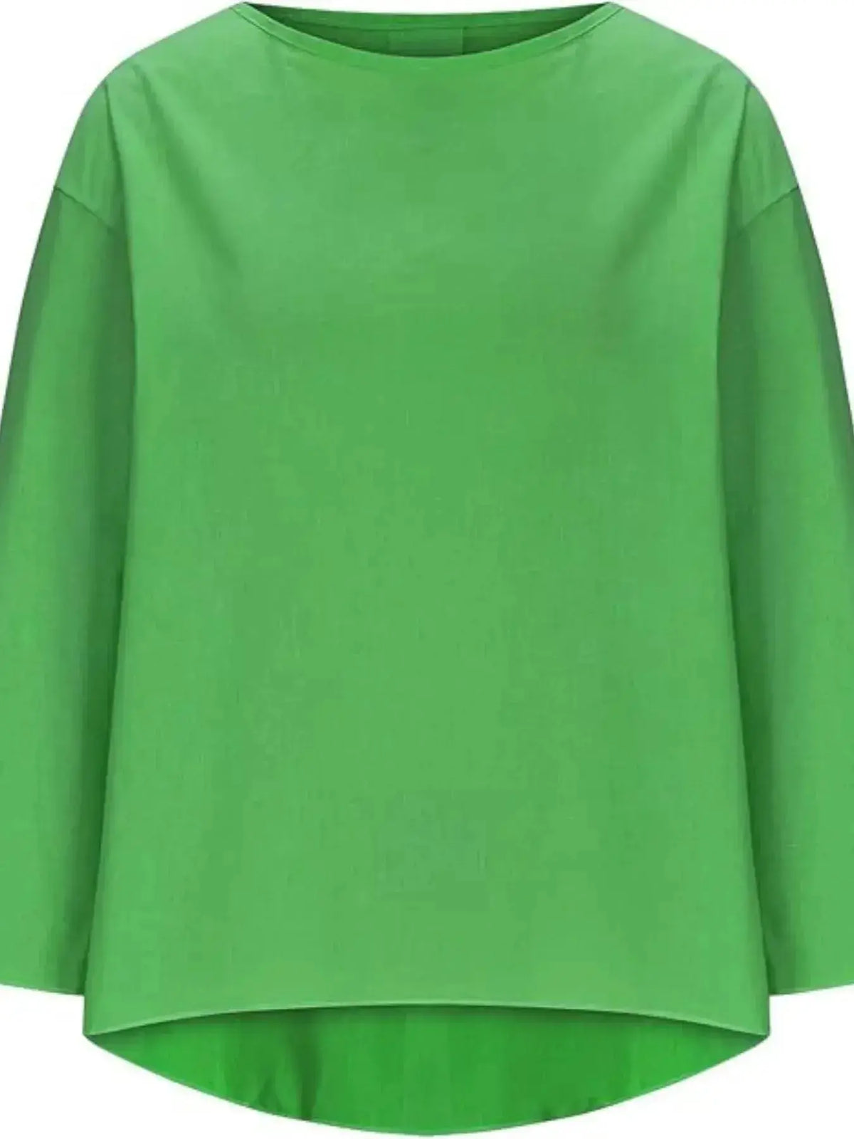 Women's relaxed fit round neck casual shirt by Plush Fashion Hub, soft stretch fabric, full-length view, plus size blouse