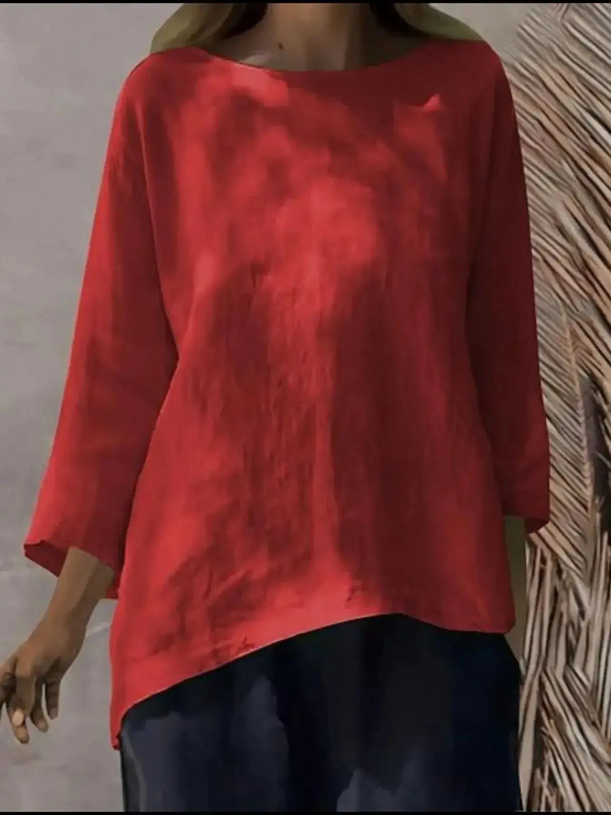 Women's relaxed fit round neck casual shirt by Plush Fashion Hub, soft stretch fabric, full-length view, plus size blouse.