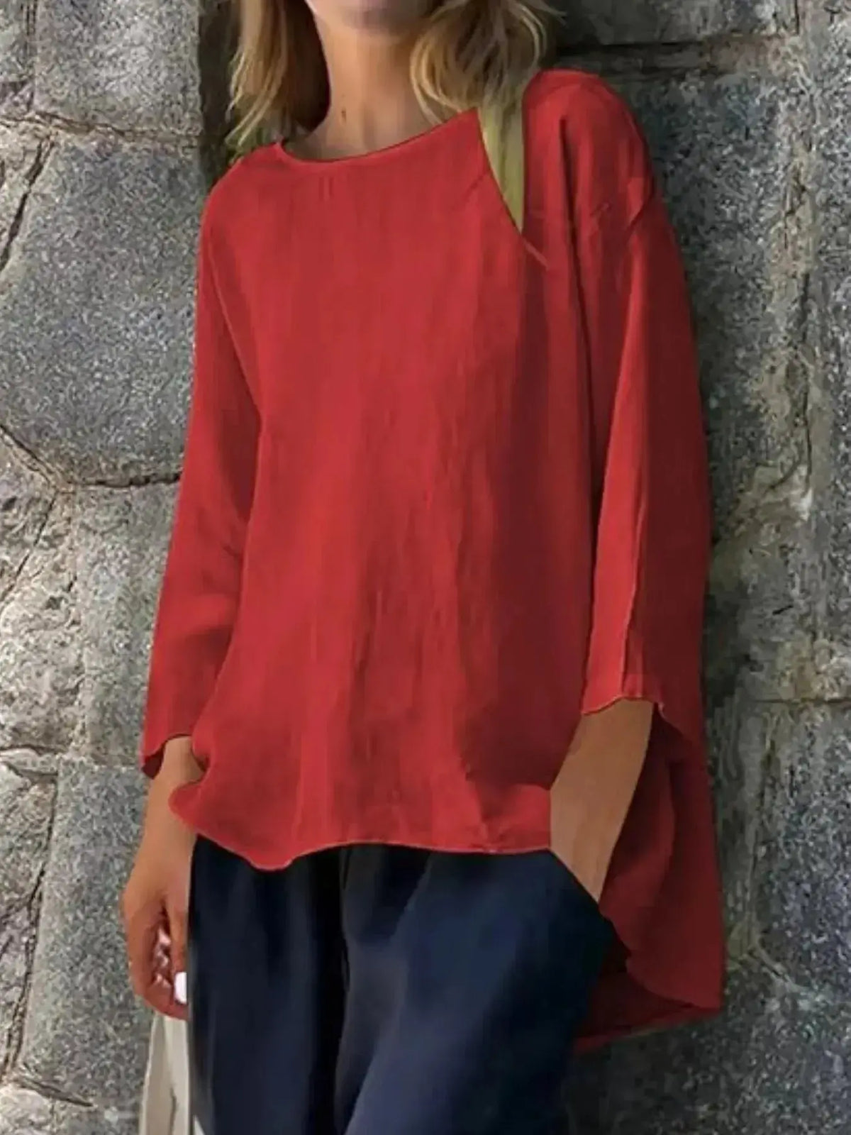 Women's relaxed fit round neck casual shirt by Plush Fashion Hub, soft stretch fabric, full-length view, plus size blouse
