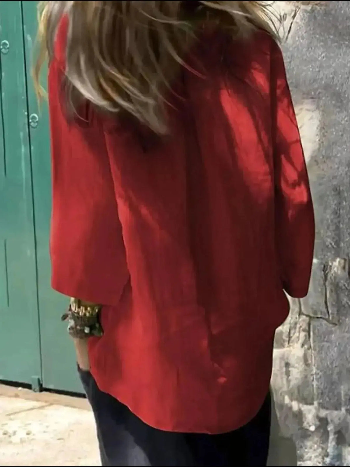 Women's relaxed fit round neck casual shirt by Plush Fashion Hub, soft stretch fabric, full view of the blouse.