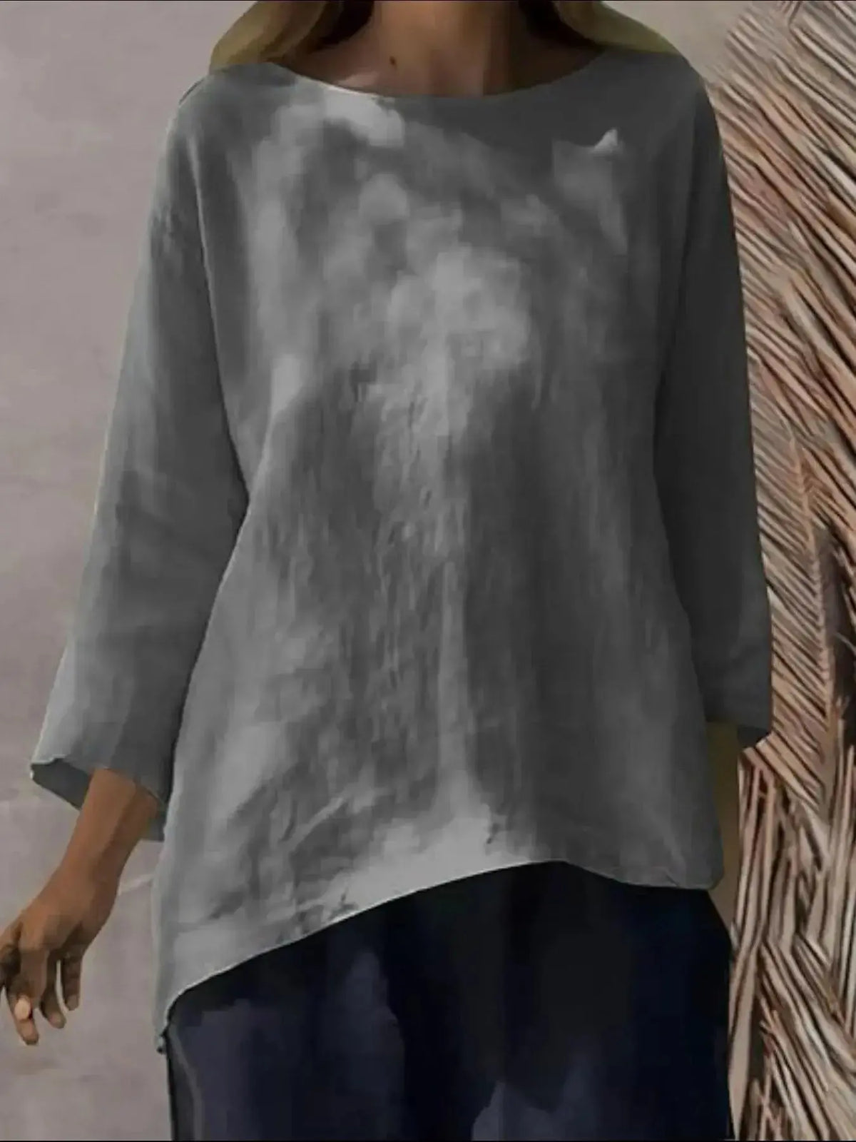 Women's relaxed fit round neck casual shirt by Plush Fashion Hub, soft stretch fabric, full-sized, comfortable blouse.