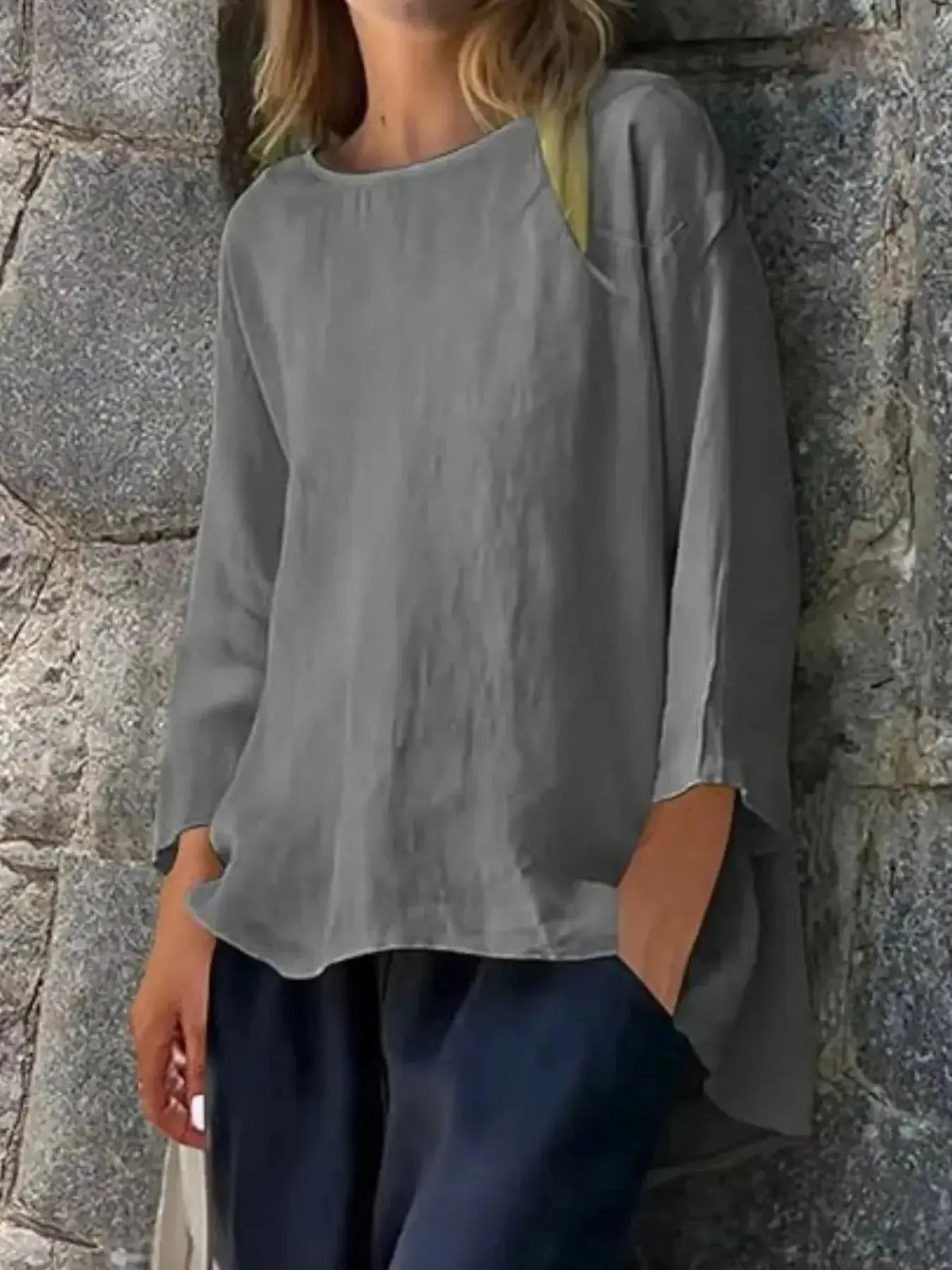Plus size women's relaxed fit round neck casual shirt from Plush Fashion Hub, soft stretch fabric, full view.
