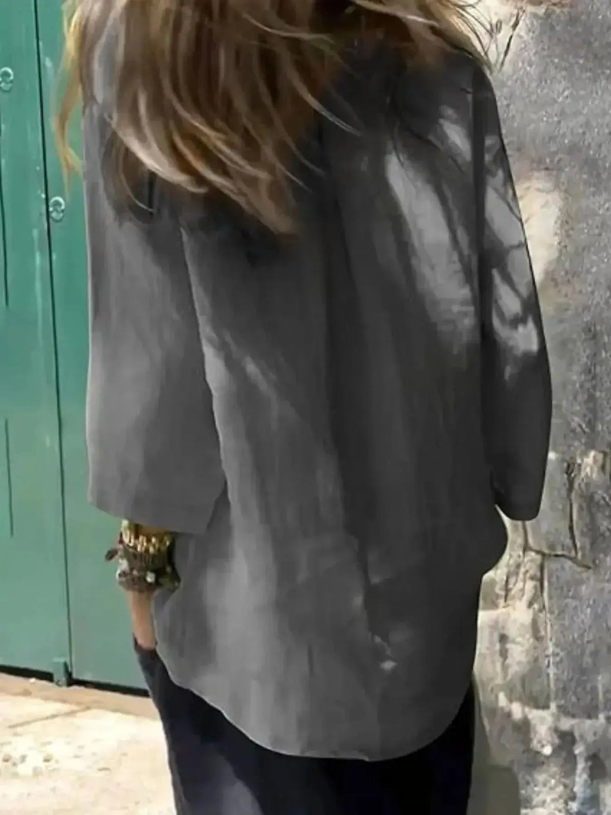 Women's relaxed fit round neck casual shirt by Plush Fashion Hub, soft stretch fabric, full view of the blouse.