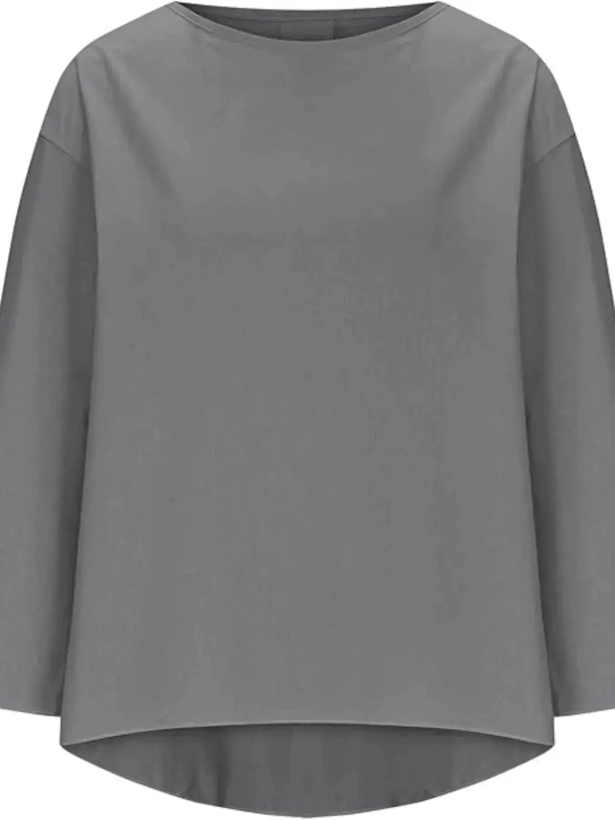 Women's relaxed fit round neck casual shirt by Plush Fashion Hub, soft stretch fabric, full-length view, plus size blouse.