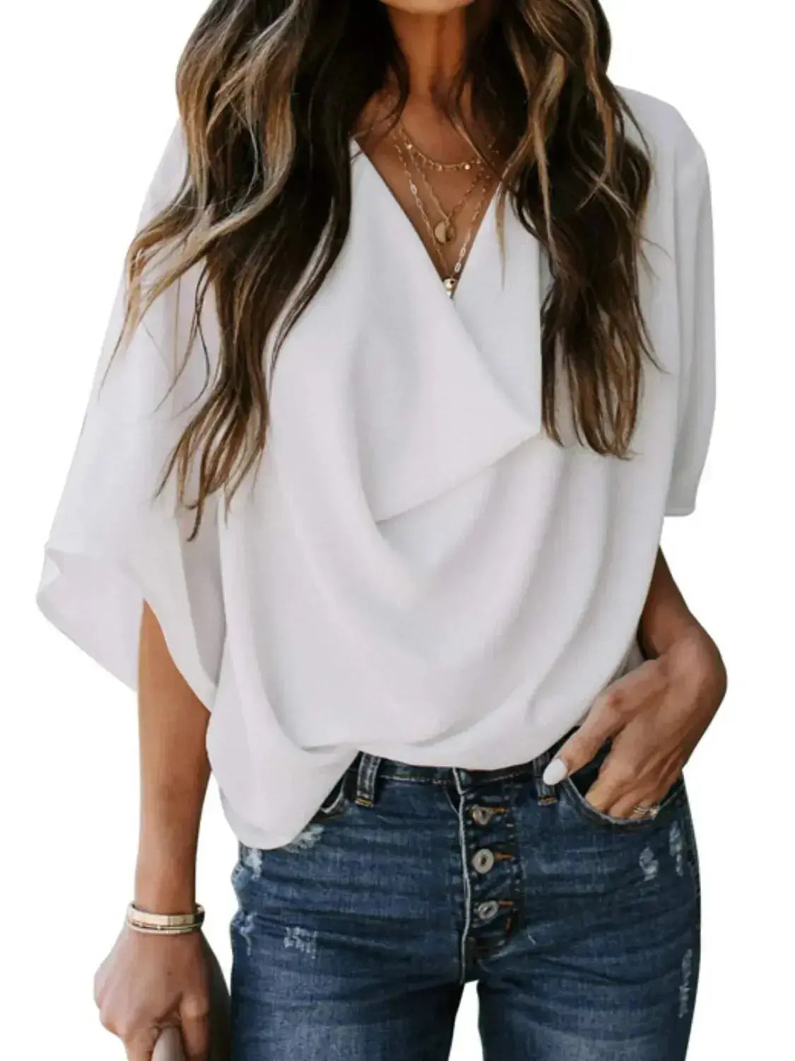 Plus size women's ruched three-quarter sleeve workwear blouse by Plush Fashion Hub, shown in a full-length view.