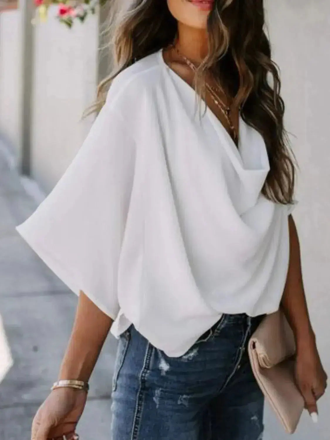 Plus size women's ruched three-quarter sleeve workwear blouse from Plush Fashion Hub, shown in a full view.