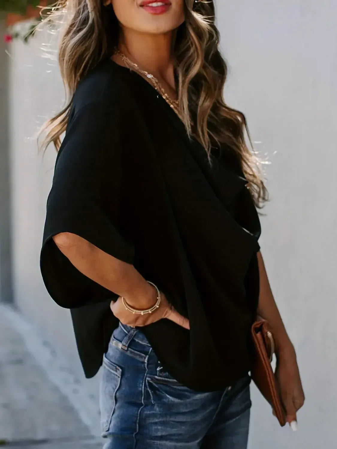 Full Size Ruched Three-Quarter Sleeve Blouse Plus Size - Plush Fashion Hub