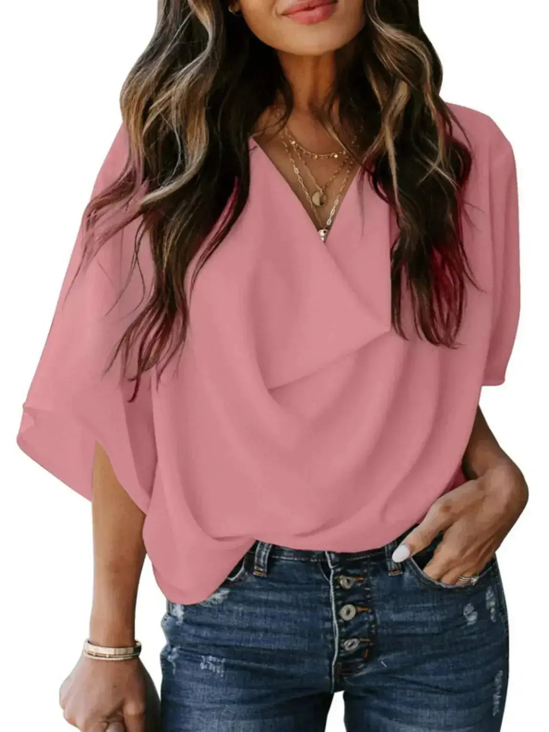 Plus size women's ruched three-quarter sleeve workwear blouse by Plush Fashion Hub, shown full-length with a flattering fit.