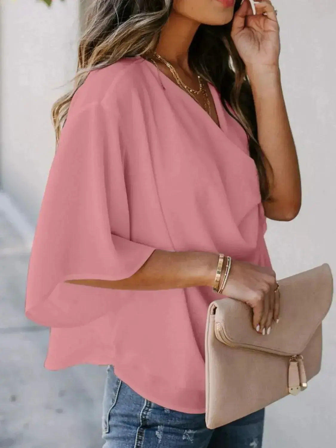 Plus size women's ruched three-quarter sleeve workwear blouse from Plush Fashion Hub, shown in full view with flattering fit.