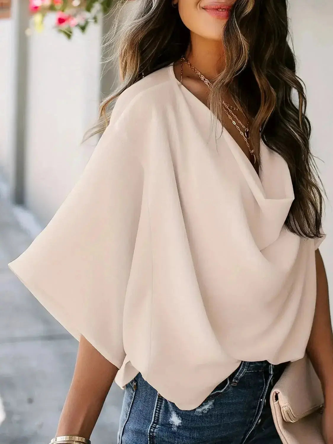 Plus size women's workwear blouse with ruched three-quarter sleeves, in a flattering fit, by Plush Fashion Hub.