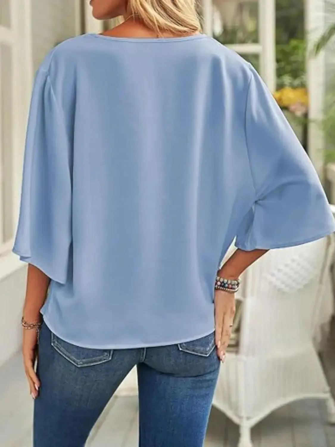 Full Size Ruched Three-Quarter Sleeve Blouse Plus Size - Plush Fashion Hub