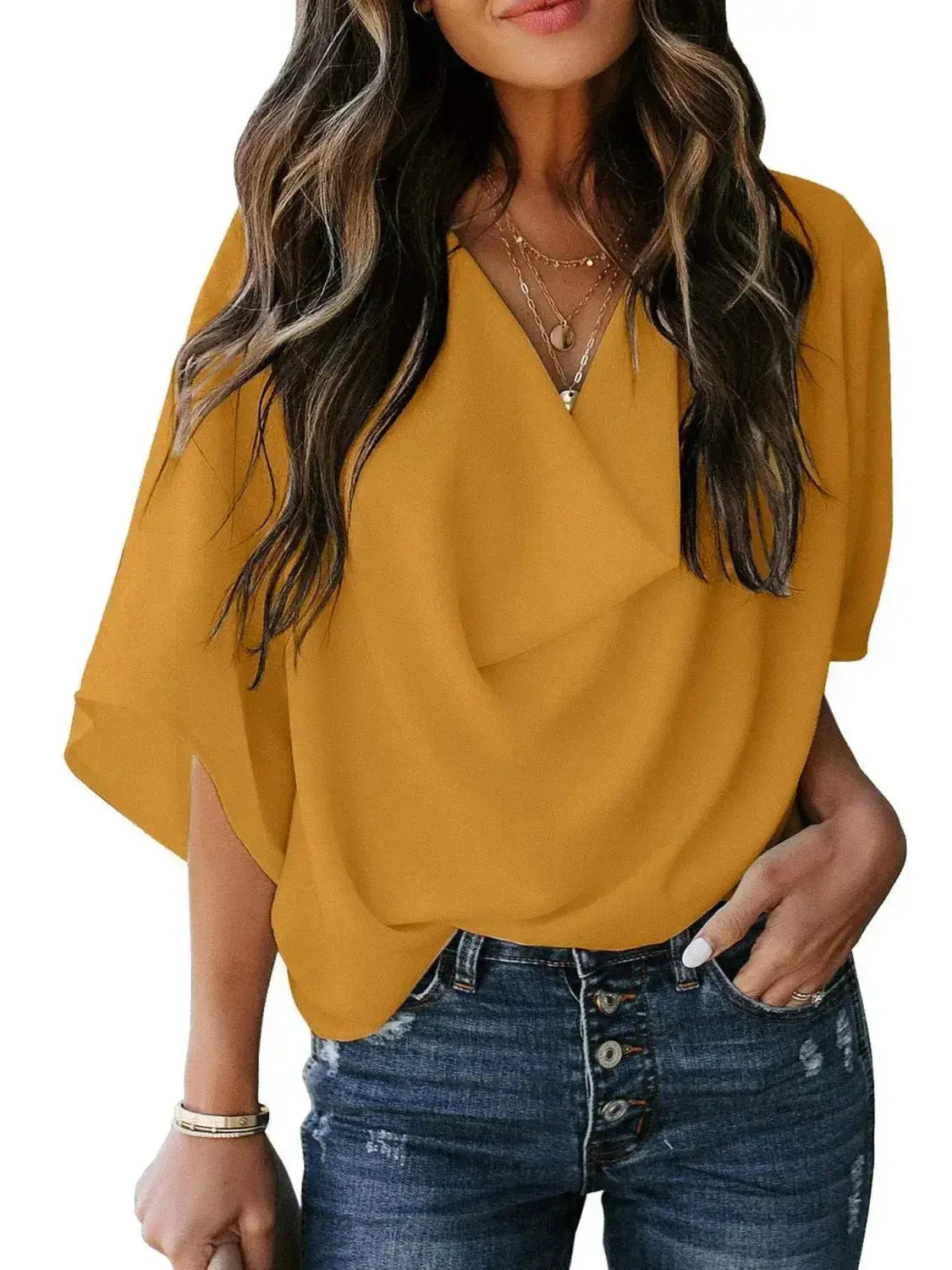 Plus size women's ruched three-quarter sleeve workwear blouse by Plush Fashion Hub, shown in full view with fitted design.