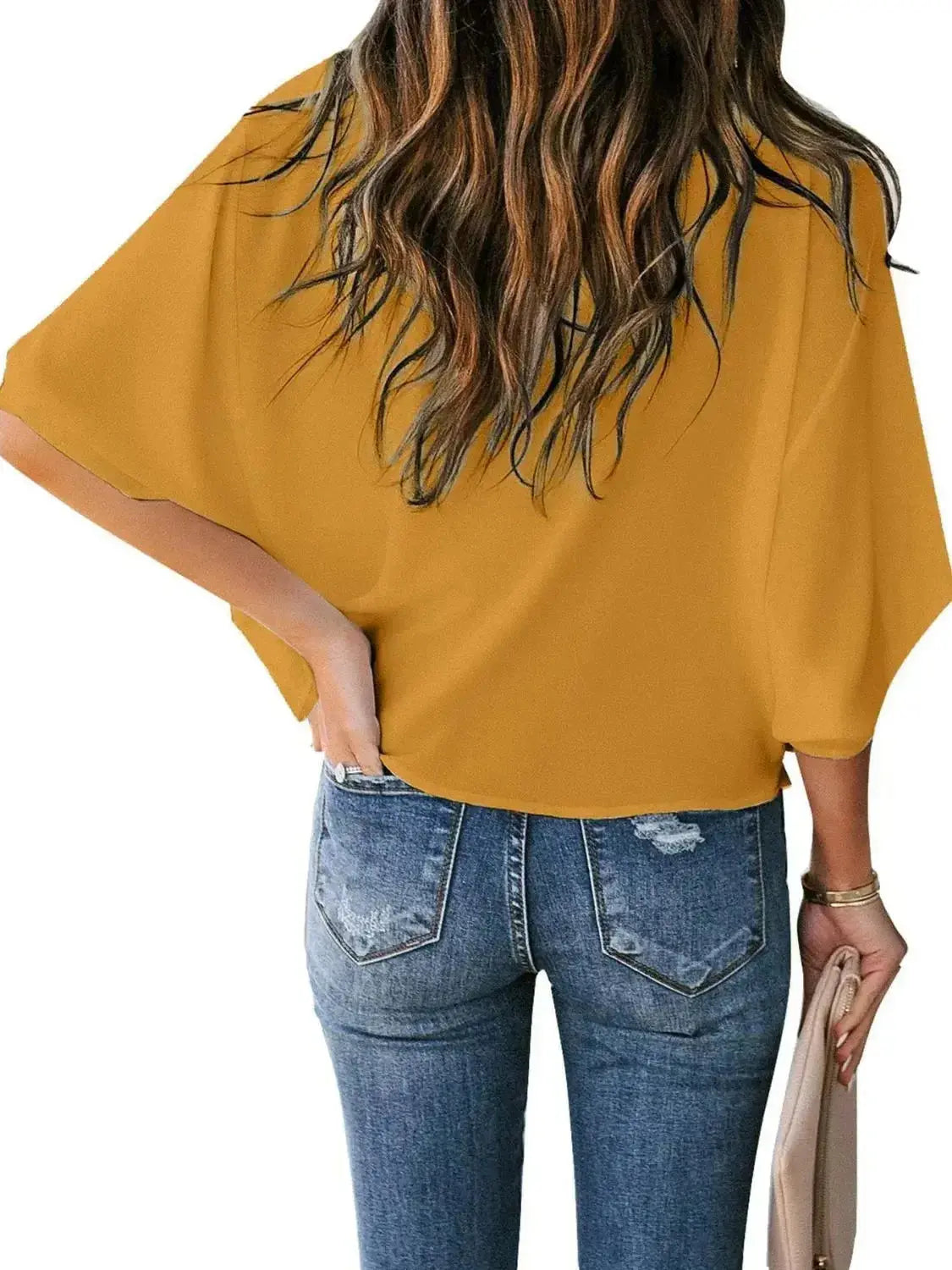 Plus size women's ruched three-quarter sleeve workwear blouse from Plush Fashion Hub, featuring a flattering fit and elegant design.