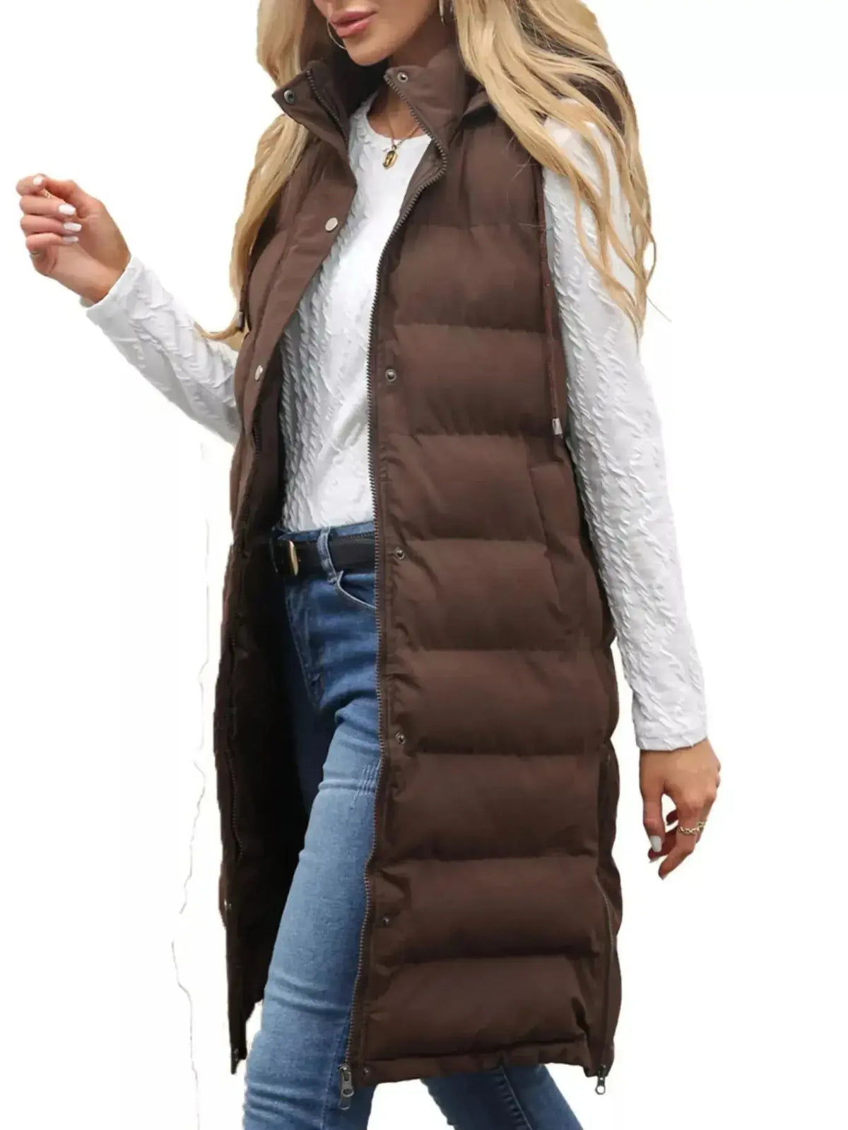 Women's longline padded hooded vest by Plush Fashion Hub, sleeveless lightweight jacket with snap-down front and plush fabric.