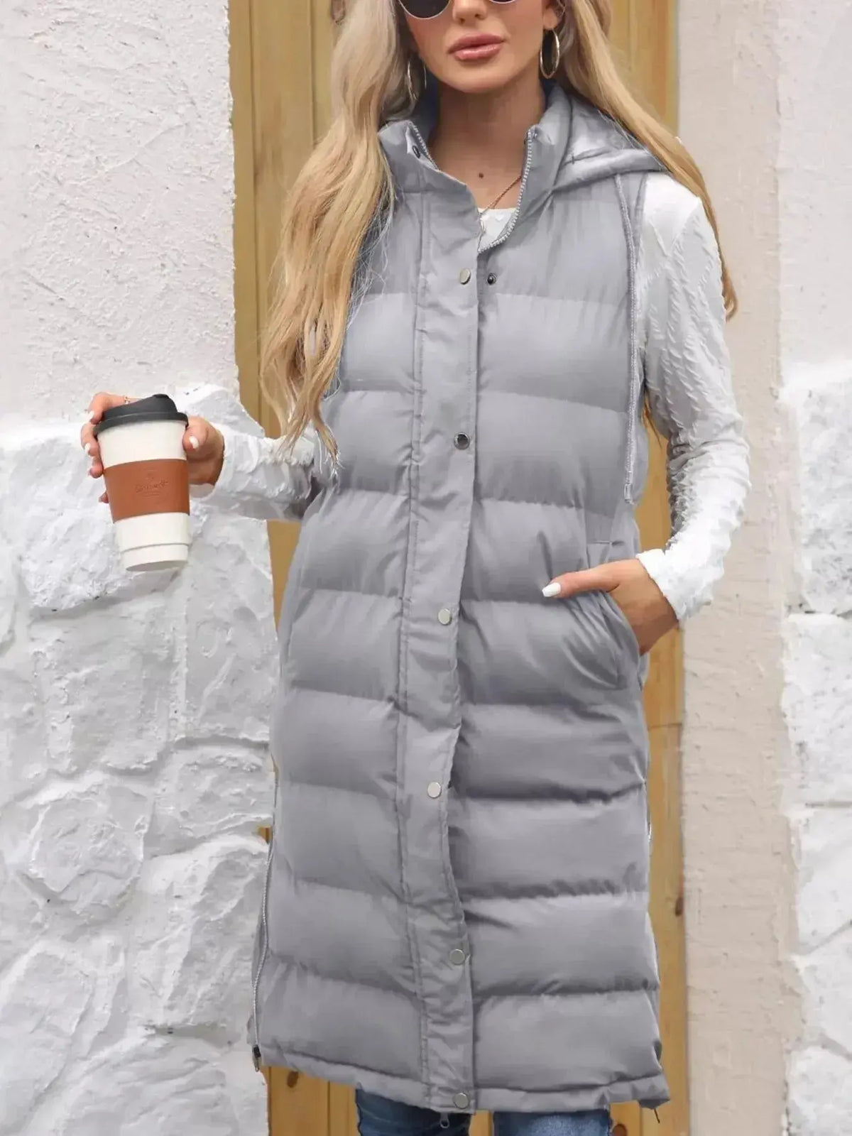 Plush Fashion Hub women's longline padded hooded vest, lightweight sleeveless jacket with snap buttons and full-length design.