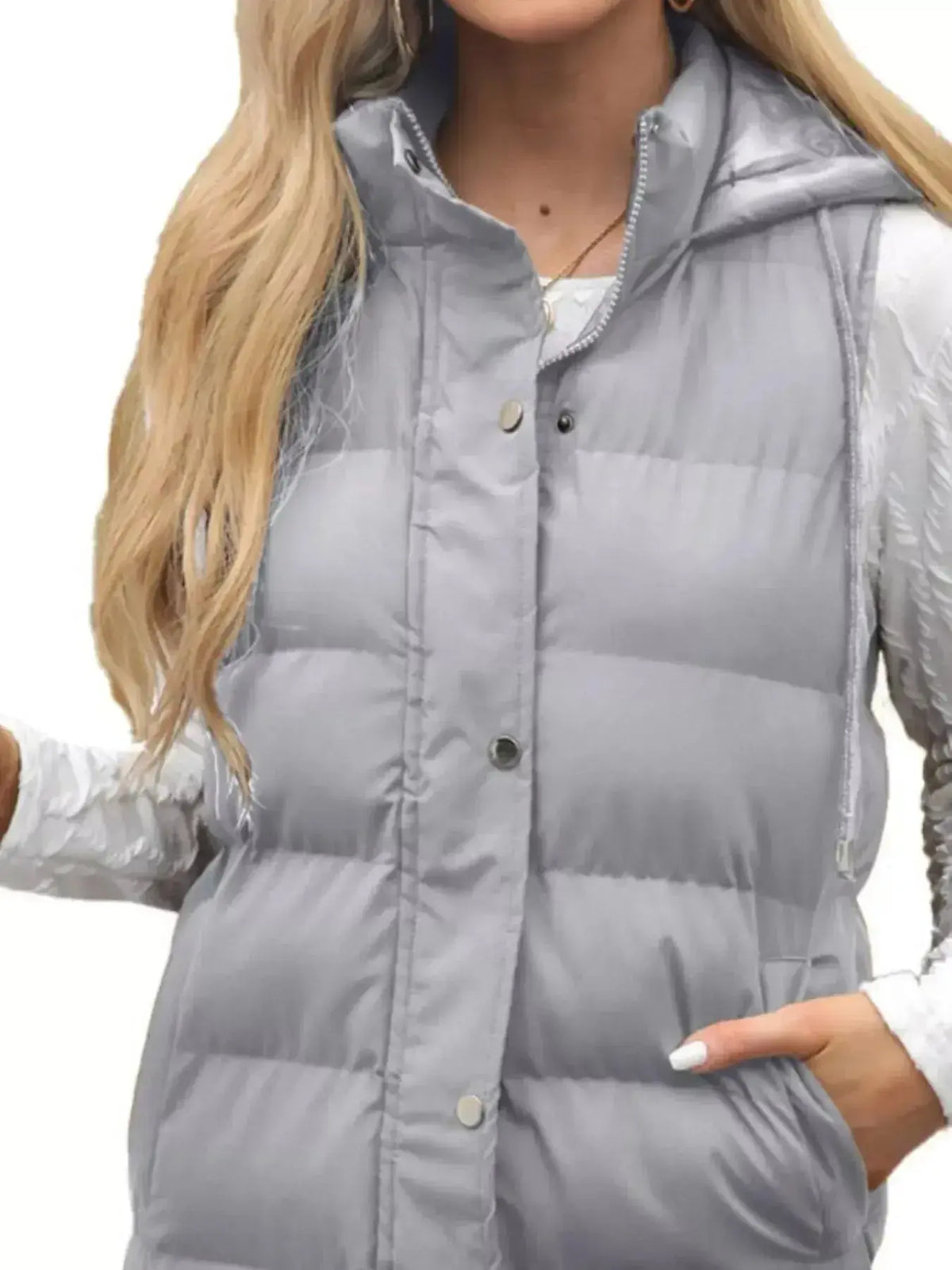 Women's longline padded hooded vest by Plush Fashion Hub, lightweight sleeveless jacket with snap-down front and cozy plush material.
