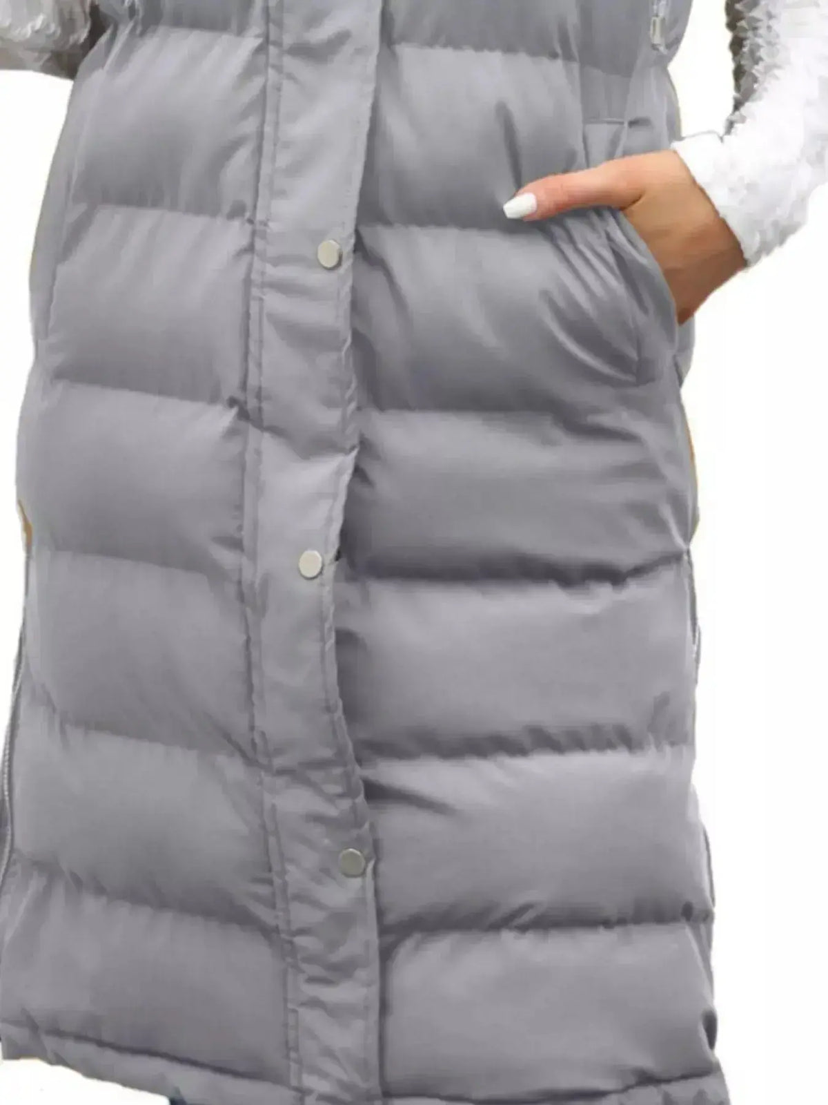 Full-length women's padded hooded vest by Plush Fashion Hub, lightweight sleeveless jacket with snap-down front and longline design.