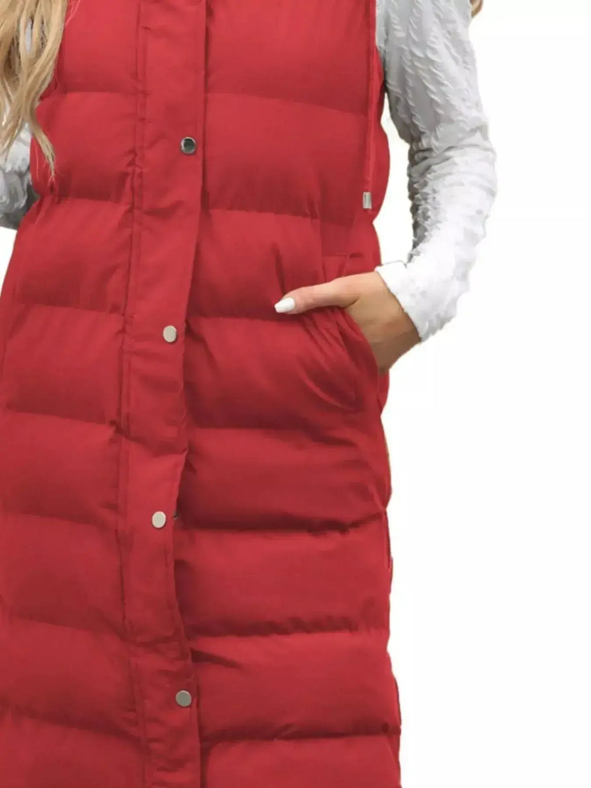 Plush Fashion Hub women's longline padded hooded vest, lightweight sleeveless jacket with snap buttons and full-length design.