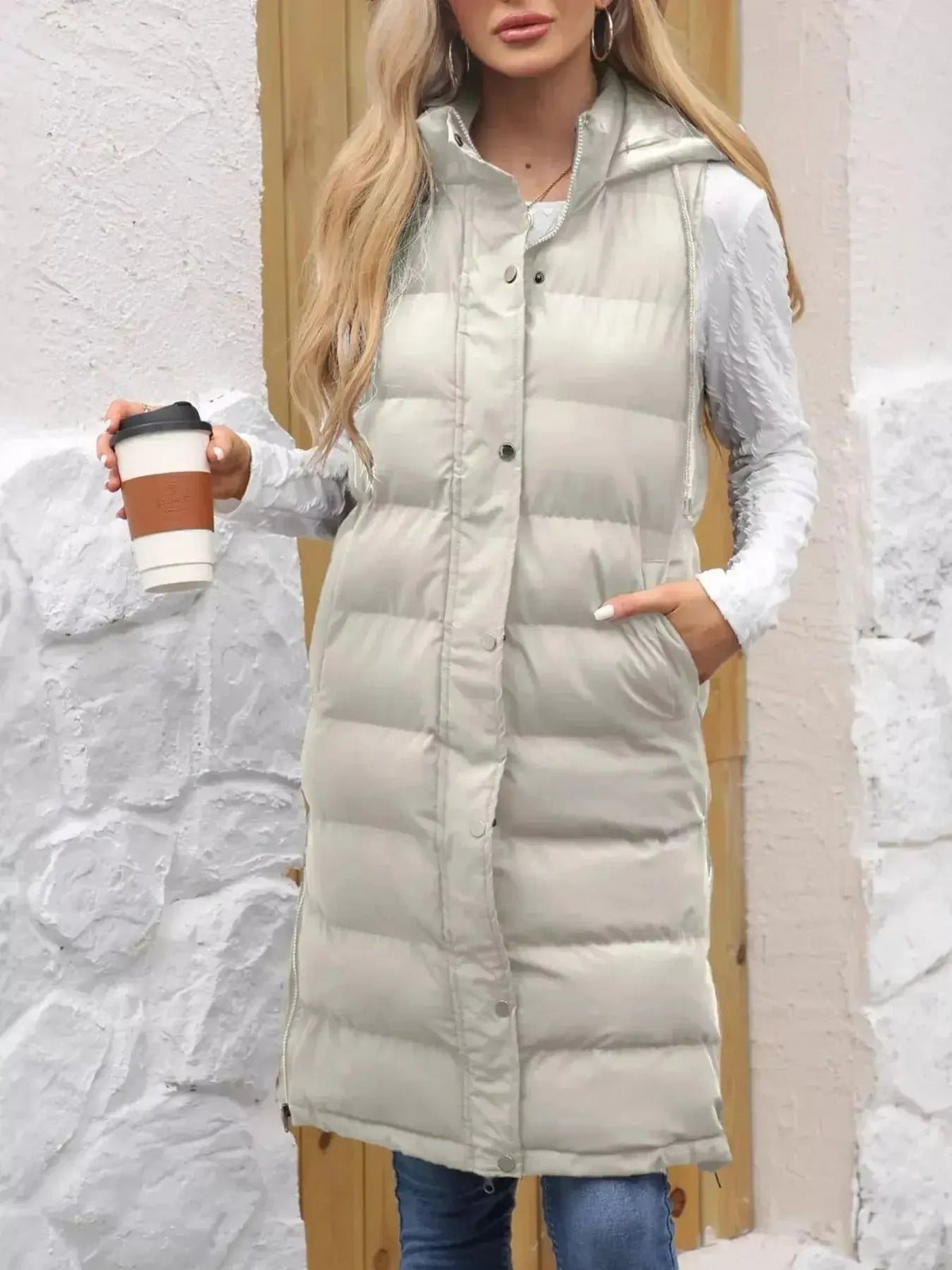Longline padded hooded vest for women by Plush Fashion Hub, lightweight sleeveless jacket with snap-down hood and cozy plush design.