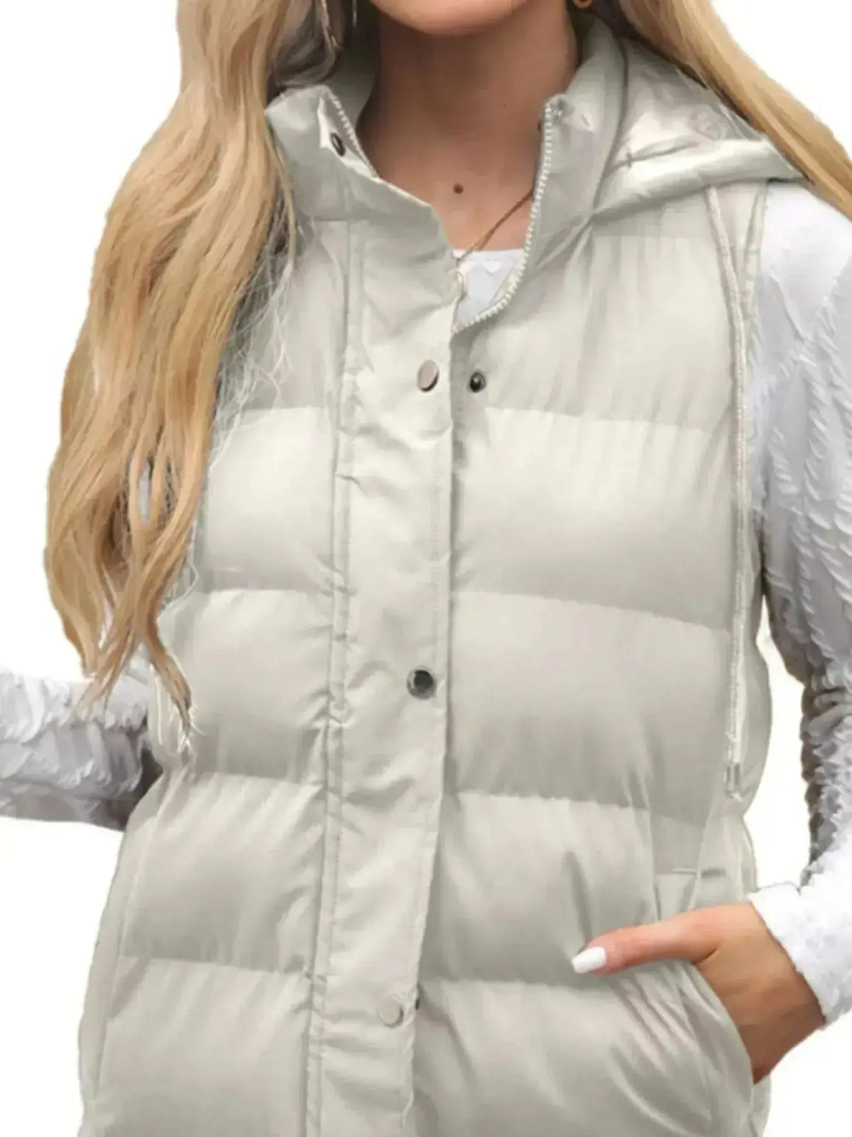 Full-length women's padded hooded vest by Plush Fashion Hub, lightweight sleeveless jacket with snap-down front and longline design.