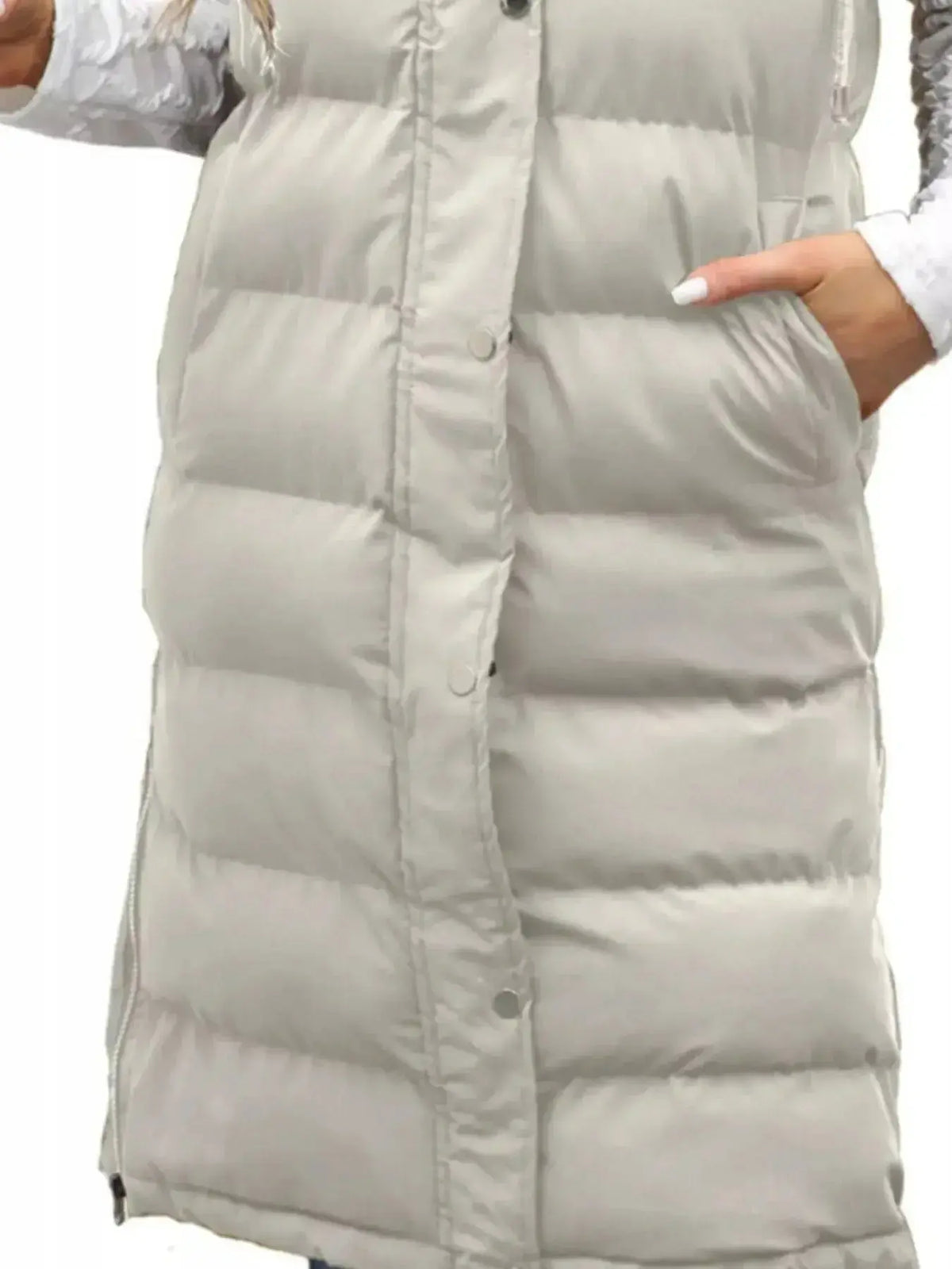 Longline padded hooded vest for women by Plush Fashion Hub, lightweight sleeveless jacket with snap buttons and cozy padding.