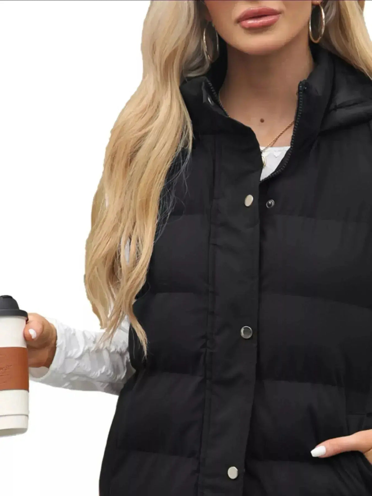 Longline padded hooded vest jacket for women by Plush Fashion Hub, sleeveless and lightweight with snap-down front.