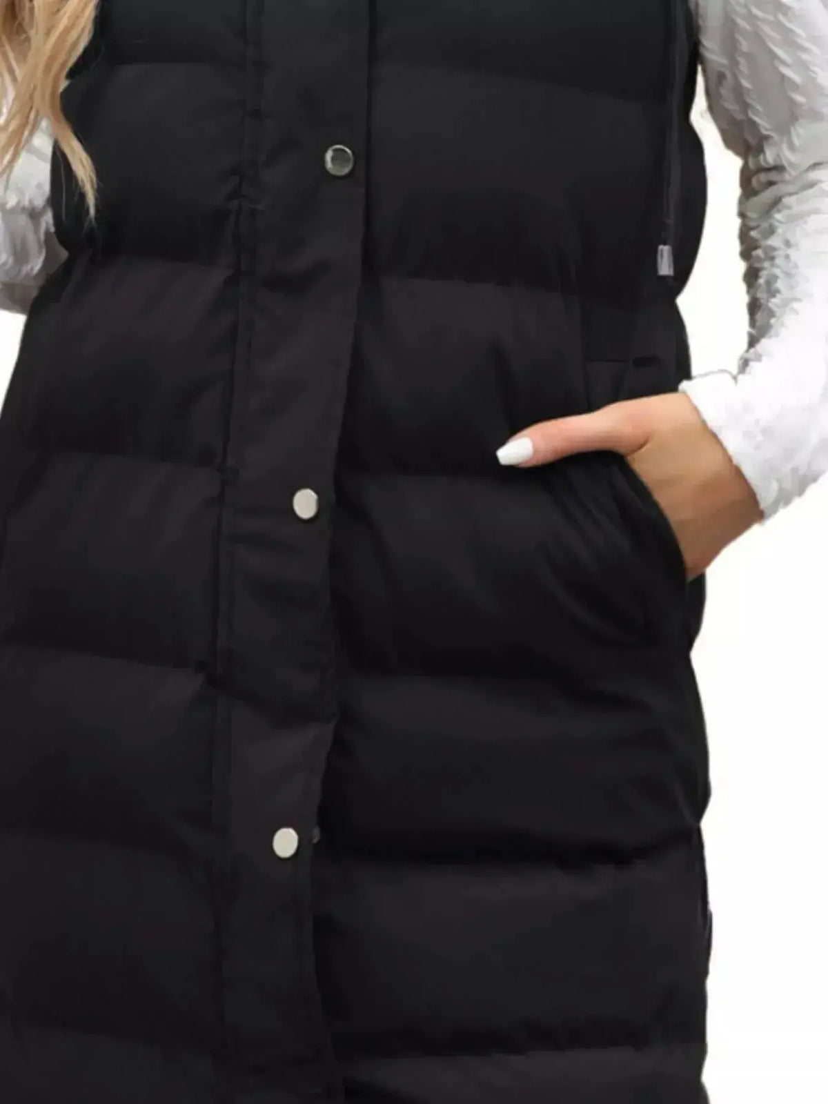 Women's longline padded hooded vest by Plush Fashion Hub, sleeveless lightweight jacket with snap-down front and plush exterior.