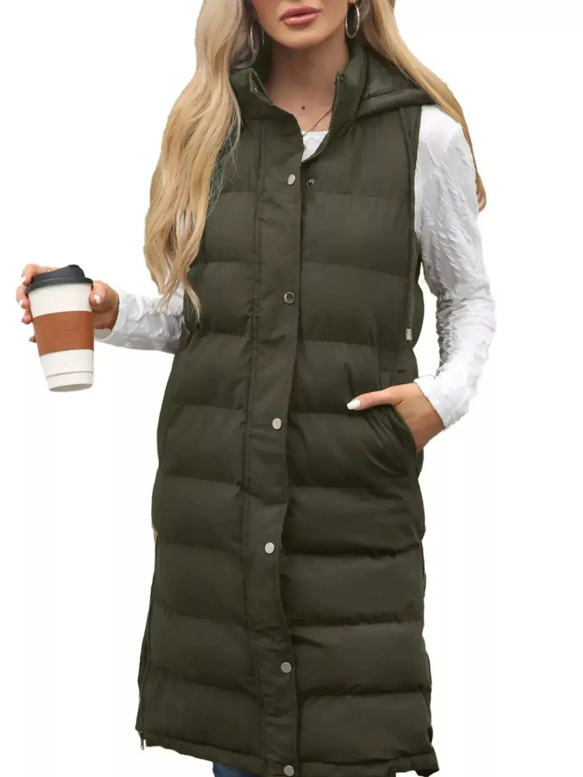 Women's longline padded hooded vest jacket by Plush Fashion Hub, sleeveless and lightweight with full-length snap buttons.
