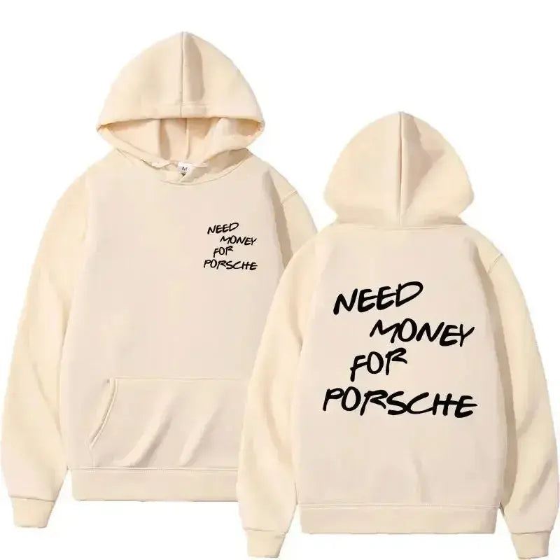 Unisex casual hoodie with funny "Need Money" graphic print in streetwear style, by Plush Fashion Hub.