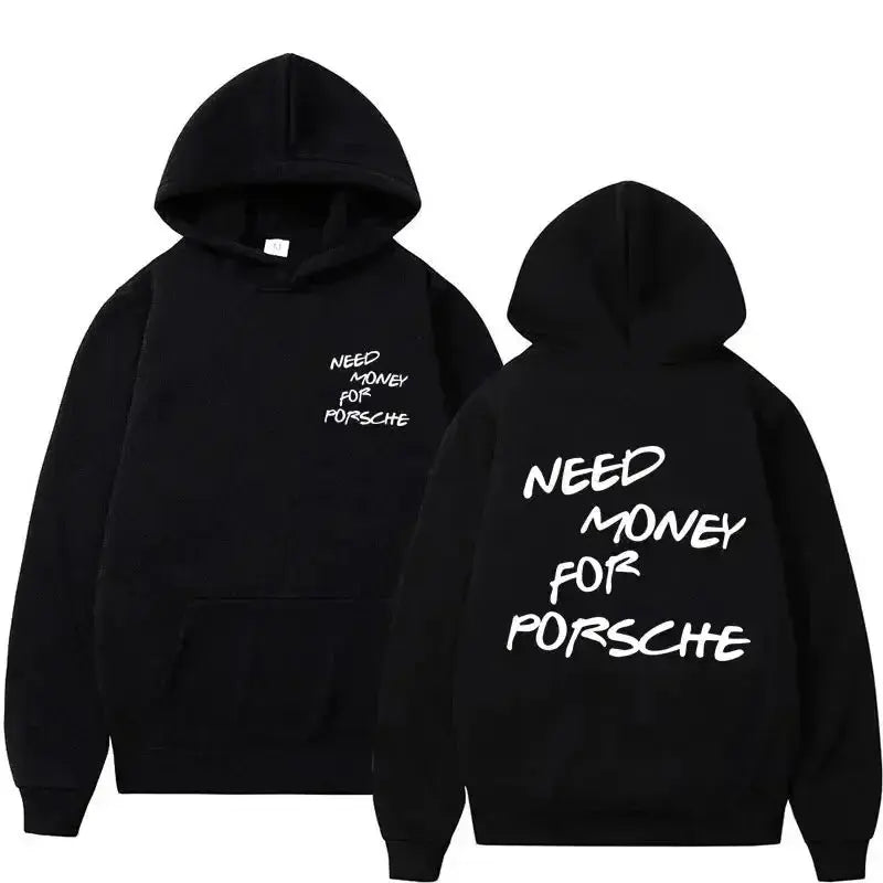 Unisex casual hoodie with funny "Need Money" graphic print, plush fabric, and streetwear style from Plush Fashion Hub.