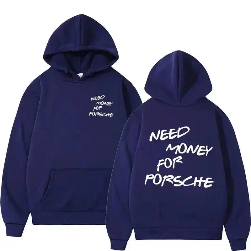 Unisex plush fashion hoodie with a funny "Need Money" graphic print, casual streetwear style, comfortable pullover design.