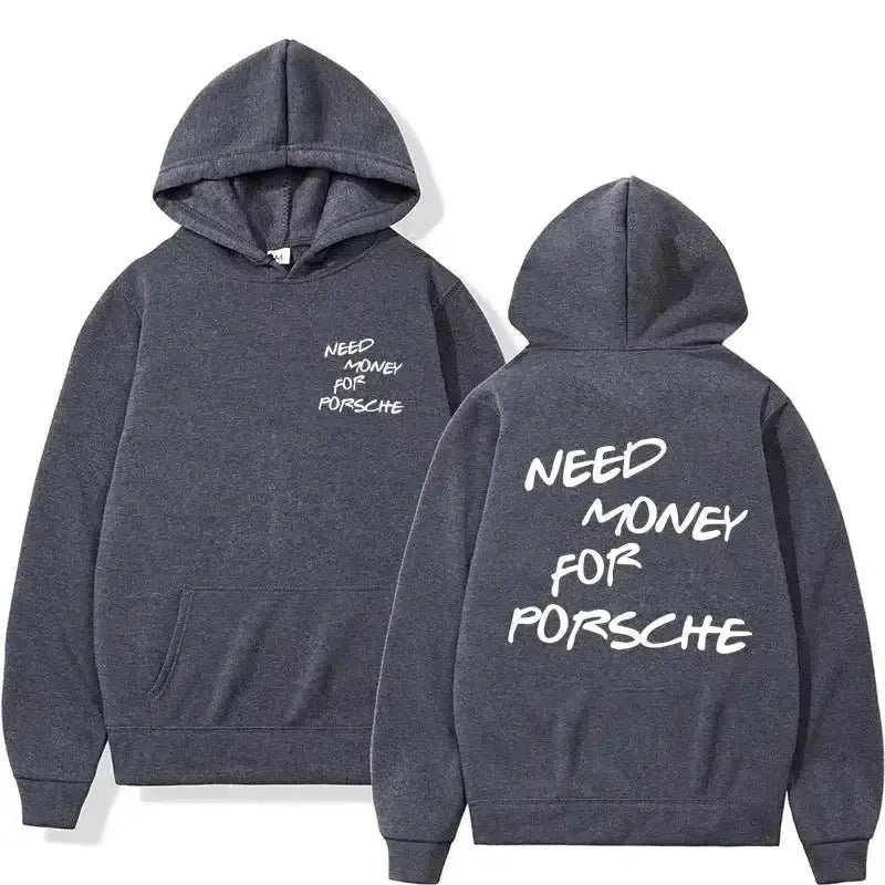 Unisex casual hoodie with a humorous "Need Money" graphic print in black and white, from Plush Fashion Hub streetwear collection.