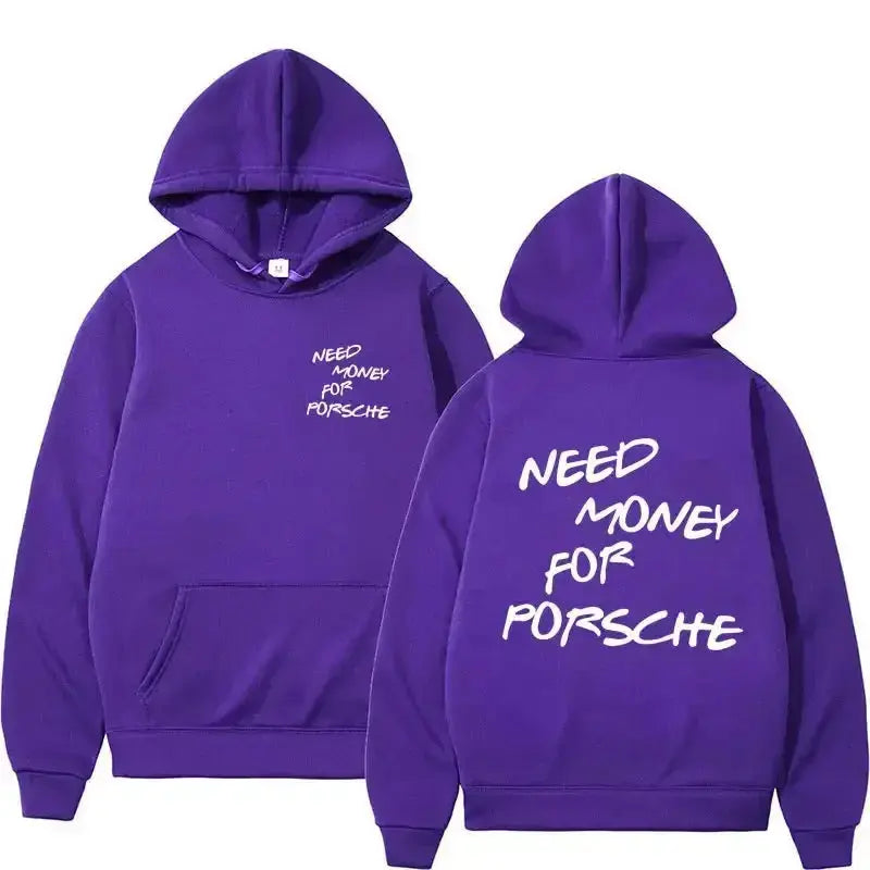 Unisex casual hoodie with funny "Need Money" graphic print, plush fabric, streetwear style from Plush Fashion Hub.