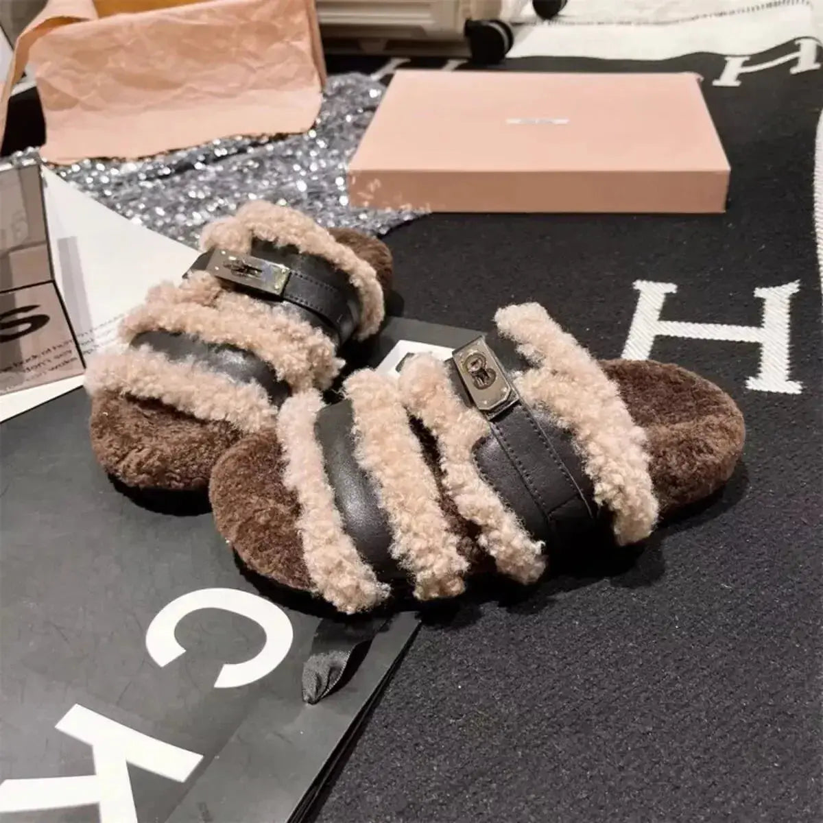 Fuzzy faux fur slippers with buckle accent from Plush Fashion Hub, cozy and stylish slip-on footwear for indoor wear.