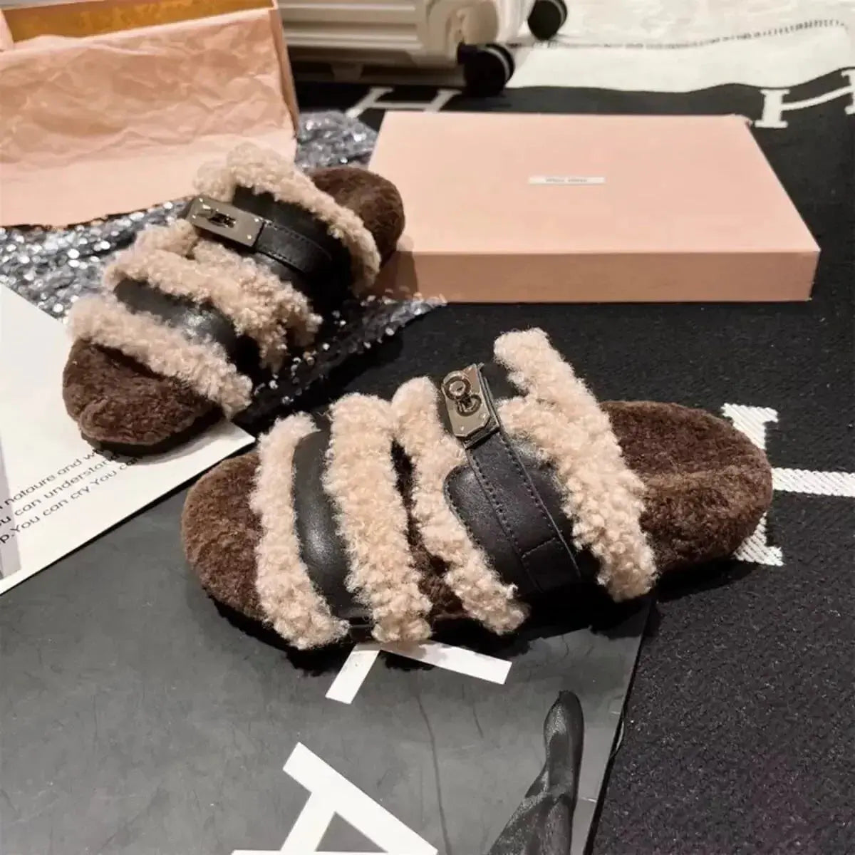 Fuzzy faux fur buckle slippers by Plush Fashion Hub with plush interior and decorative buckle detail for cozy comfort