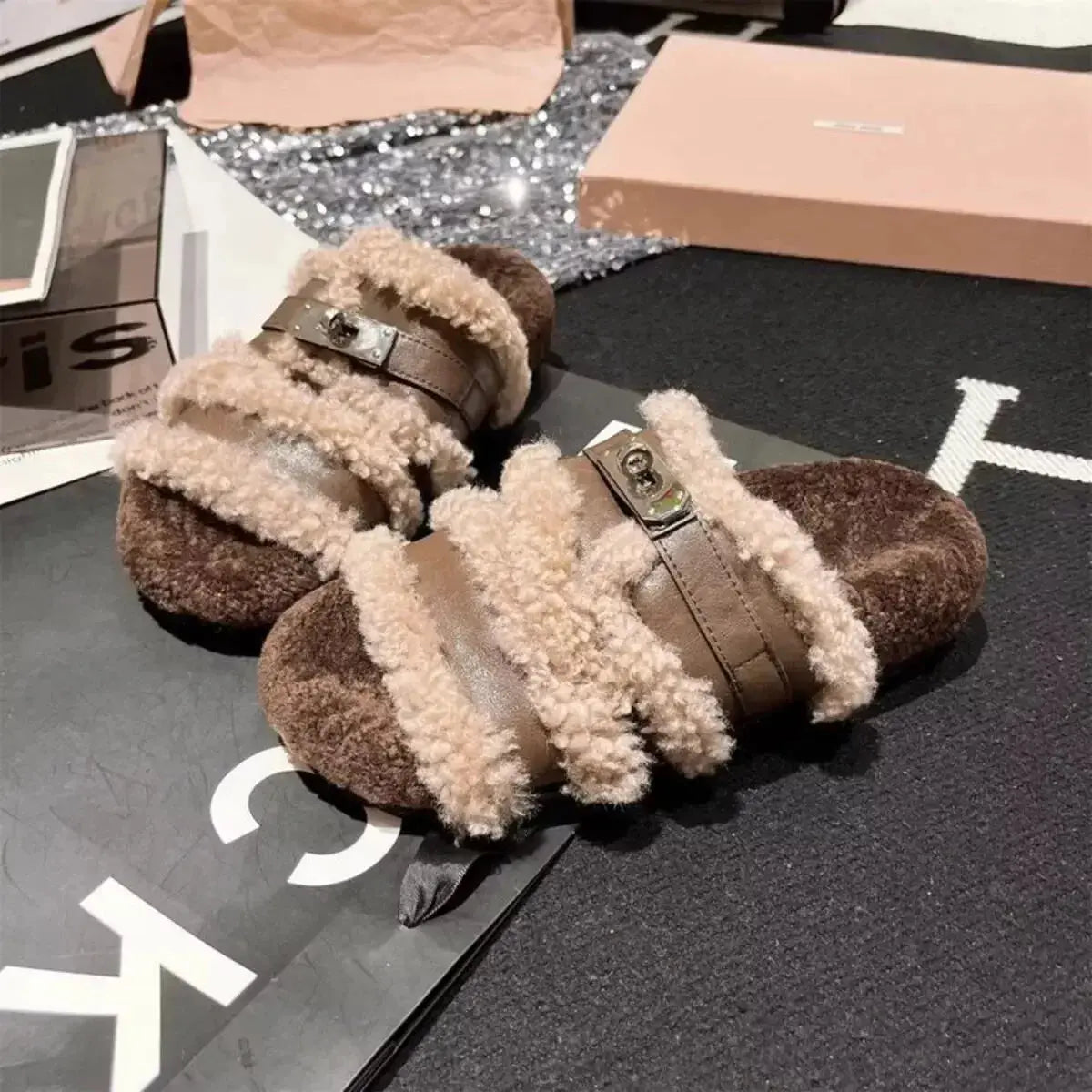 Fuzzy faux fur buckle slippers by Plush Fashion Hub with plush lining and stylish buckle accent, cozy indoor footwear.