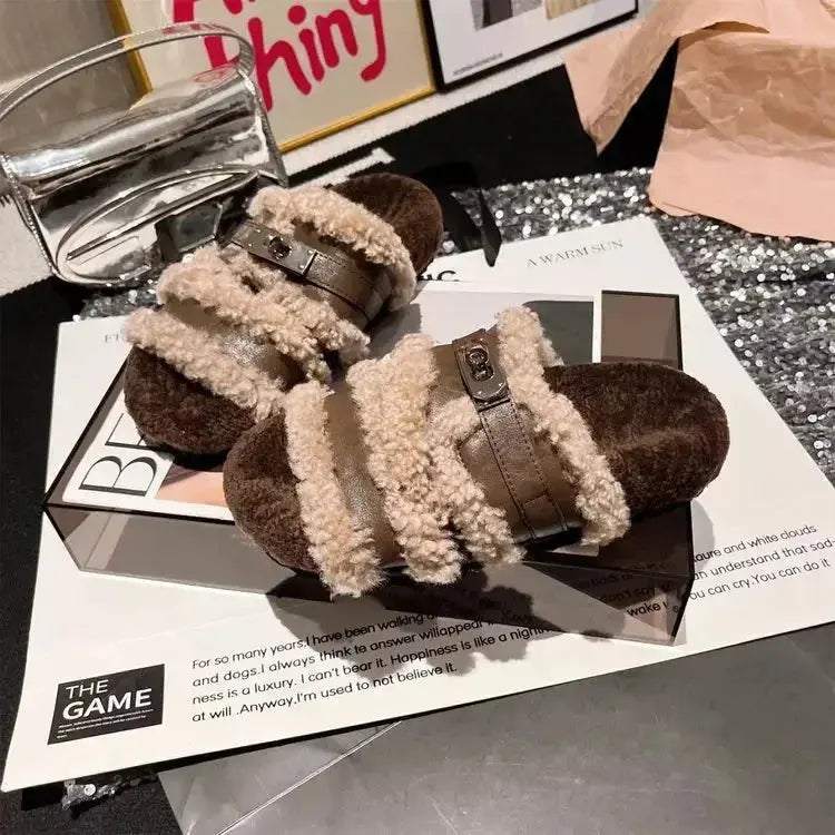 Fuzzy faux fur slippers with buckle accent from Plush Fashion Hub, cozy and plush for indoor comfort.