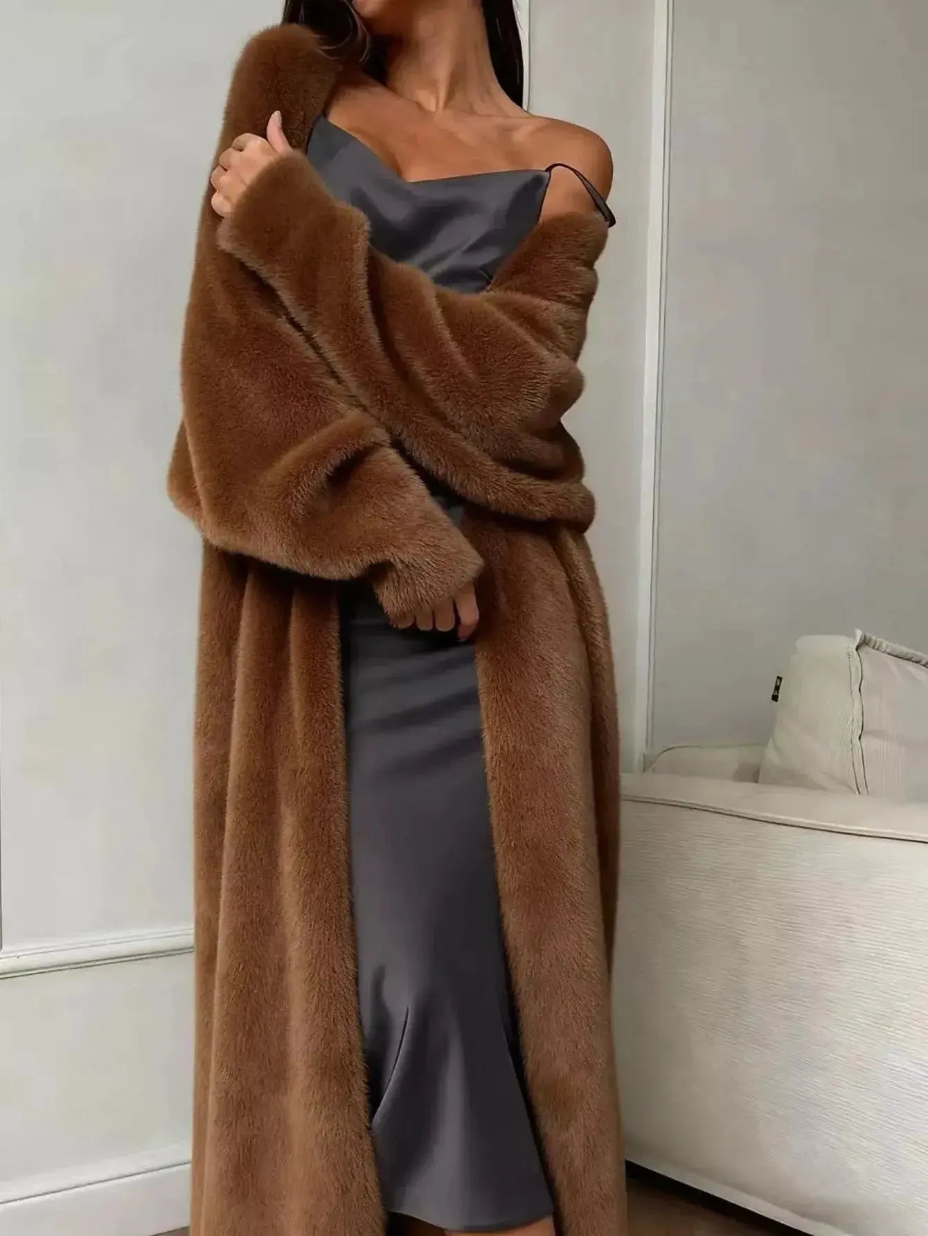 Women's fuzzy open front longline cardigan by Plush Fashion Hub, soft cozy knit sweater with a relaxed fit and open front design.