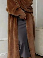 Women's fuzzy open-front longline cardigan by Plush Fashion Hub, soft cozy knit sweater with a relaxed fit and plush texture.