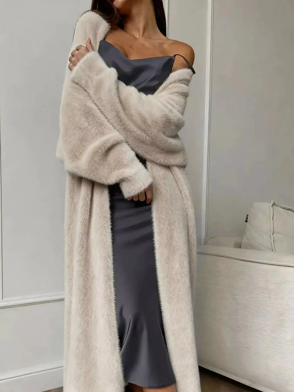 Women’s fuzzy open front longline cardigan by Plush Fashion Hub, soft cozy knit sweater with a relaxed fit and open front design.